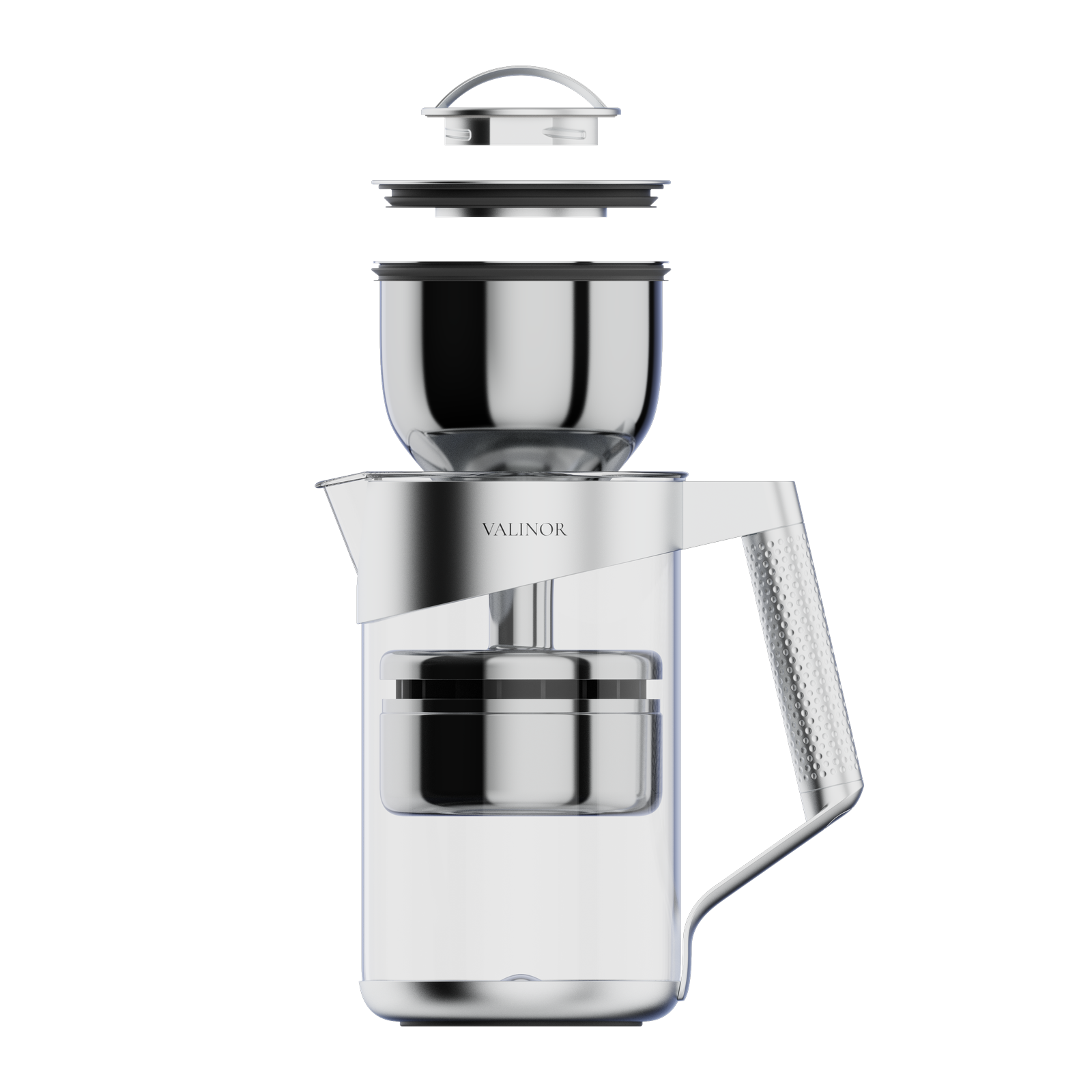 Valinor exploded view of glass vessel, stainless components, and Volt cartridge