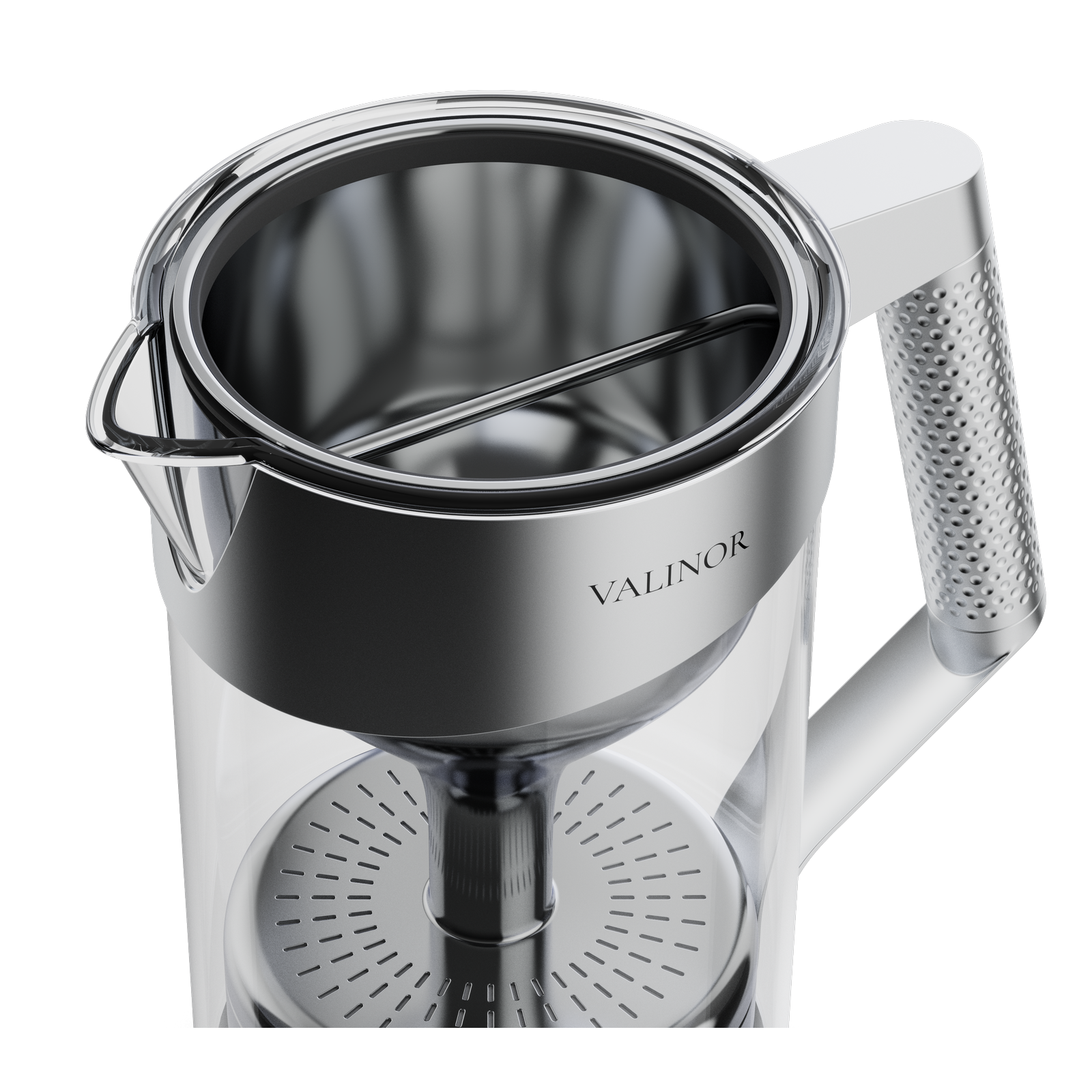 Valinor pitcher, open top showing the stainless steel interior and filter