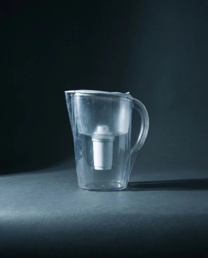 A generic plastic filter pitcher in cold studio light