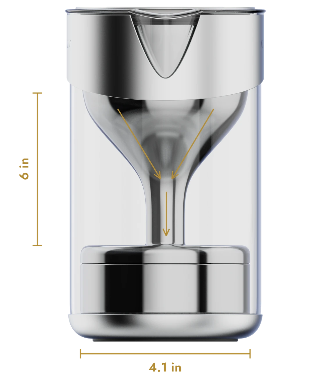 The Valinor pitcher annotated: 6-inch head height, chalice funneling water onto the 4.1-inch-wide Volt filter