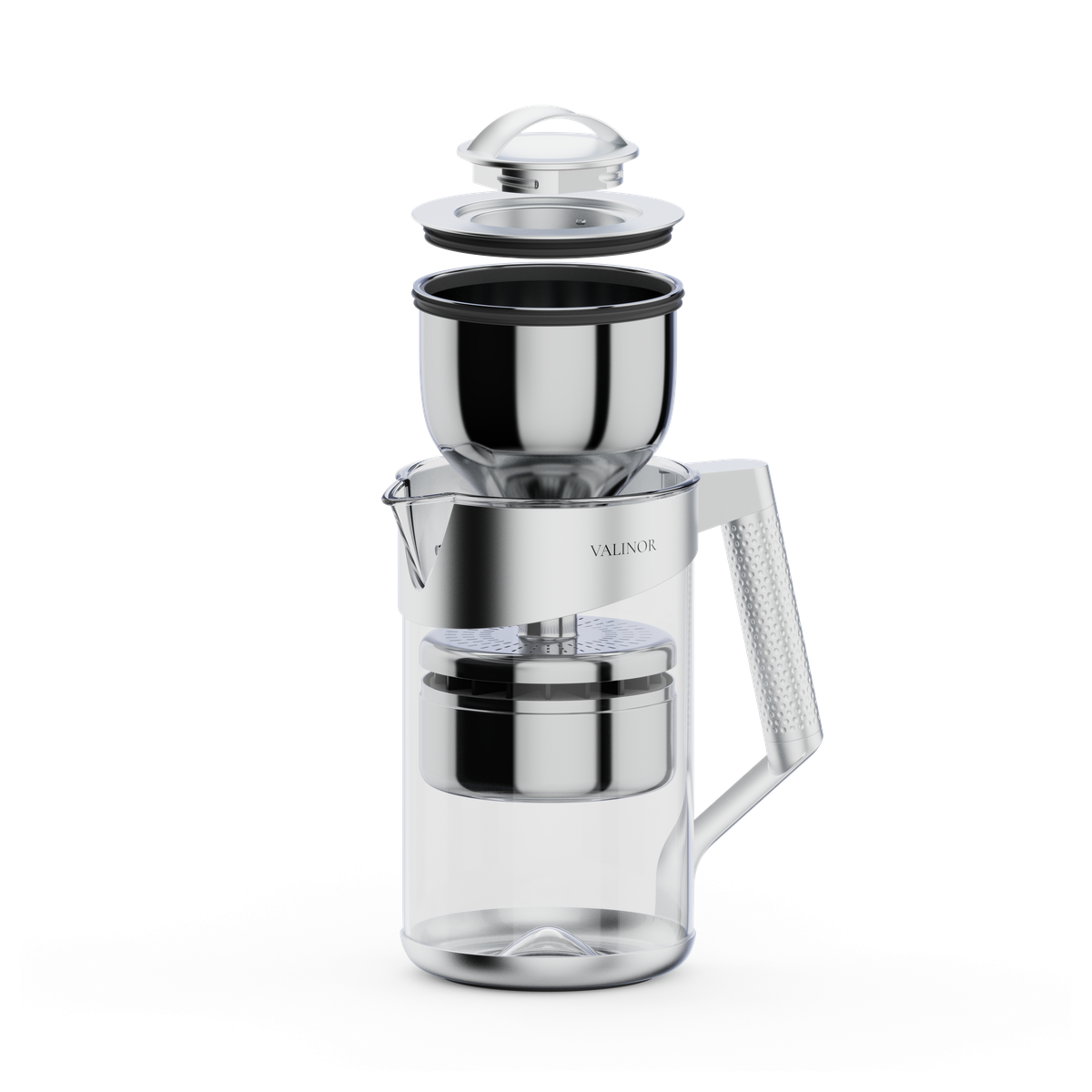 The Valinor Pitcher exploded — cap, stainless funnel, glass vessel, and the Volt filter